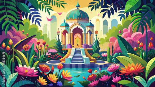 The stunning elegance of a floral sanctuary blooms in soft sunlight, where petals sway gently in the breeze. A semi-realistic vector style reveals nature’s quiet grace and color.