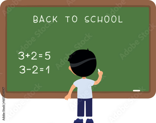 Schoolboy standing at blackboard flat vector illustration