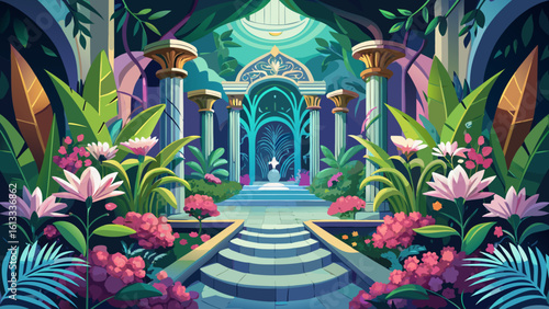 The stunning elegance of a floral sanctuary blooms in soft sunlight, where petals sway gently in the breeze. A semi-realistic vector style reveals nature’s quiet grace and color.