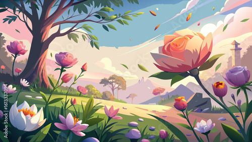 The stunning elegance of a floral sanctuary blooms in soft sunlight, where petals sway gently in the breeze. A semi-realistic vector style reveals nature’s quiet grace and color.