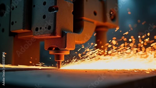 Sparks ricochet every direction industrial cutting head shears steel each fiery particle captured cinematic slow motion K clarity machine’s gleaming silhouette dominates foreground while blurred shop
