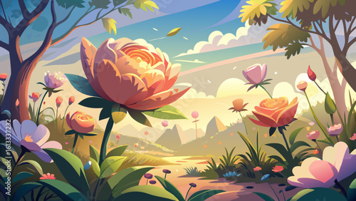The stunning elegance of a floral sanctuary blooms in soft sunlight, where petals sway gently in the breeze. A semi-realistic vector style reveals nature’s quiet grace and color.