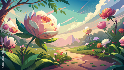 The stunning elegance of a floral sanctuary blooms in soft sunlight, where petals sway gently in the breeze. A semi-realistic vector style reveals nature’s quiet grace and color.