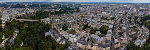 Aerial view of the old town of the capitol city Luxembourg in Luxembourg on a cloudy spring day