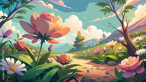 The stunning elegance of a floral sanctuary blooms in soft sunlight, where petals sway gently in the breeze. A semi-realistic vector style reveals nature’s quiet grace and color.