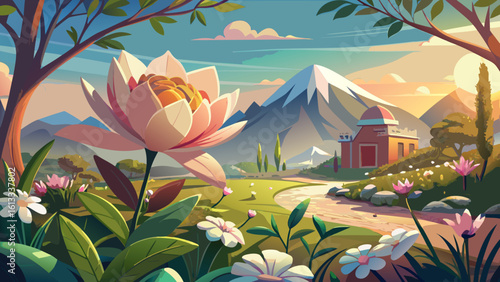 The stunning elegance of a floral sanctuary blooms in soft sunlight, where petals sway gently in the breeze. A semi-realistic vector style reveals nature’s quiet grace and color.