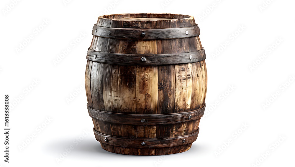 Obraz premium Elegant Wooden Wine Barrel on Stand, Perfect for Restaurant or Winery Stock. This high-quality, studio shot showcases a beautiful wooden wine barrel resting on a simple wooden stand.