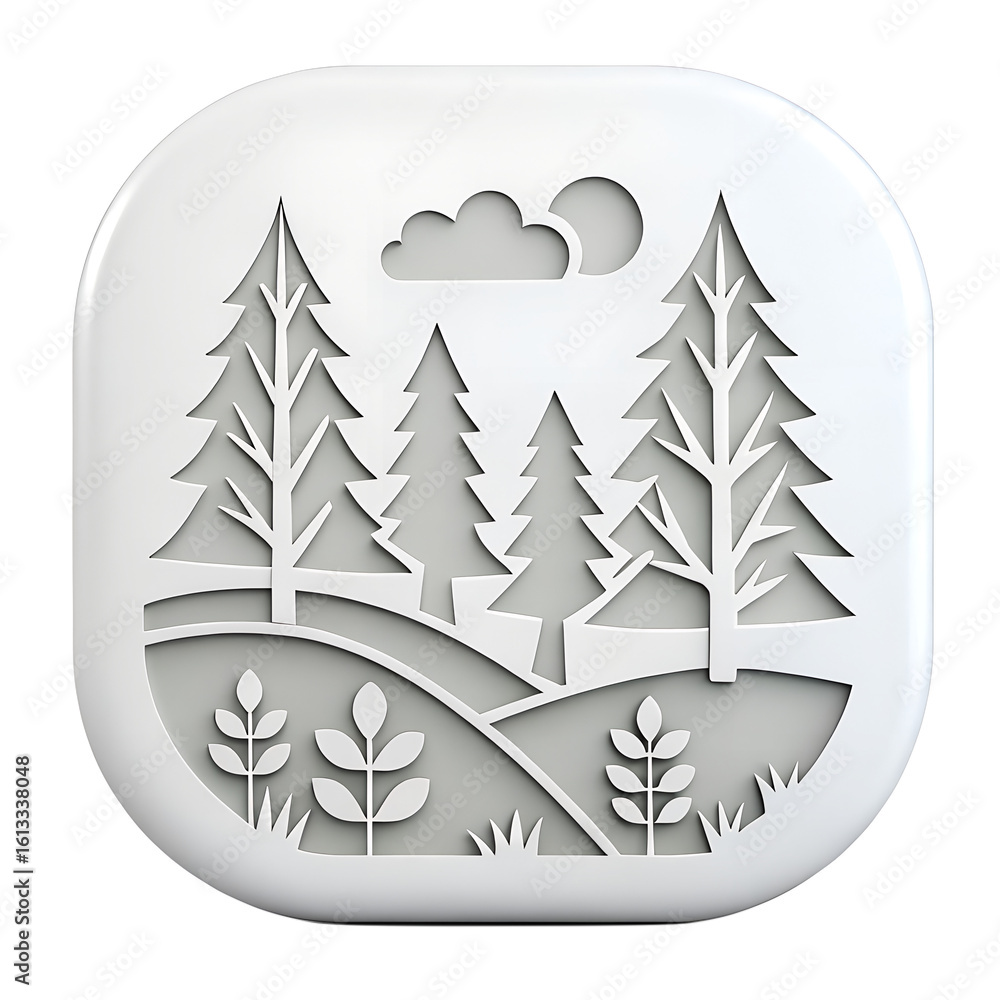 Obraz premium A stylized forest scene with trees, hills, and a cloud under the sun, presented in a clean design isolated on transparent background