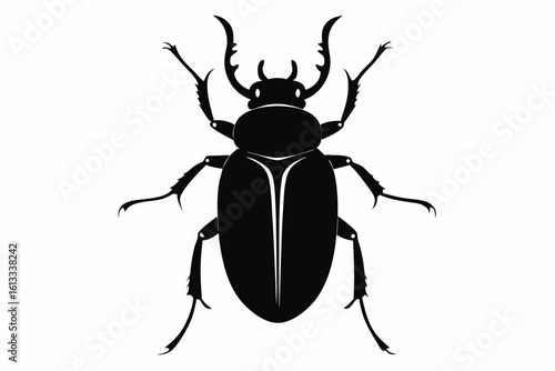 Silhouette of a dark beetle with prominent antennae and legs