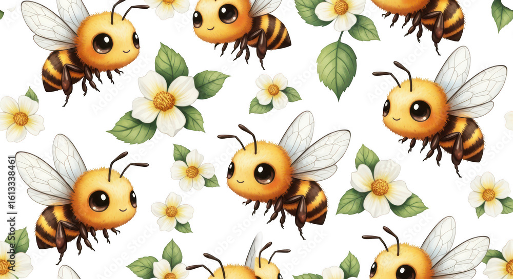 Obraz premium Cute cartoon bee with delicate white flowers and green leaves in a repeating pattern on a transparent background isolated on transparent background