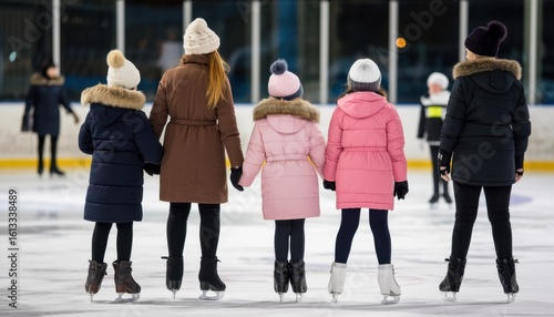Family ice skating fun ice rink photography indoor back view winter activity