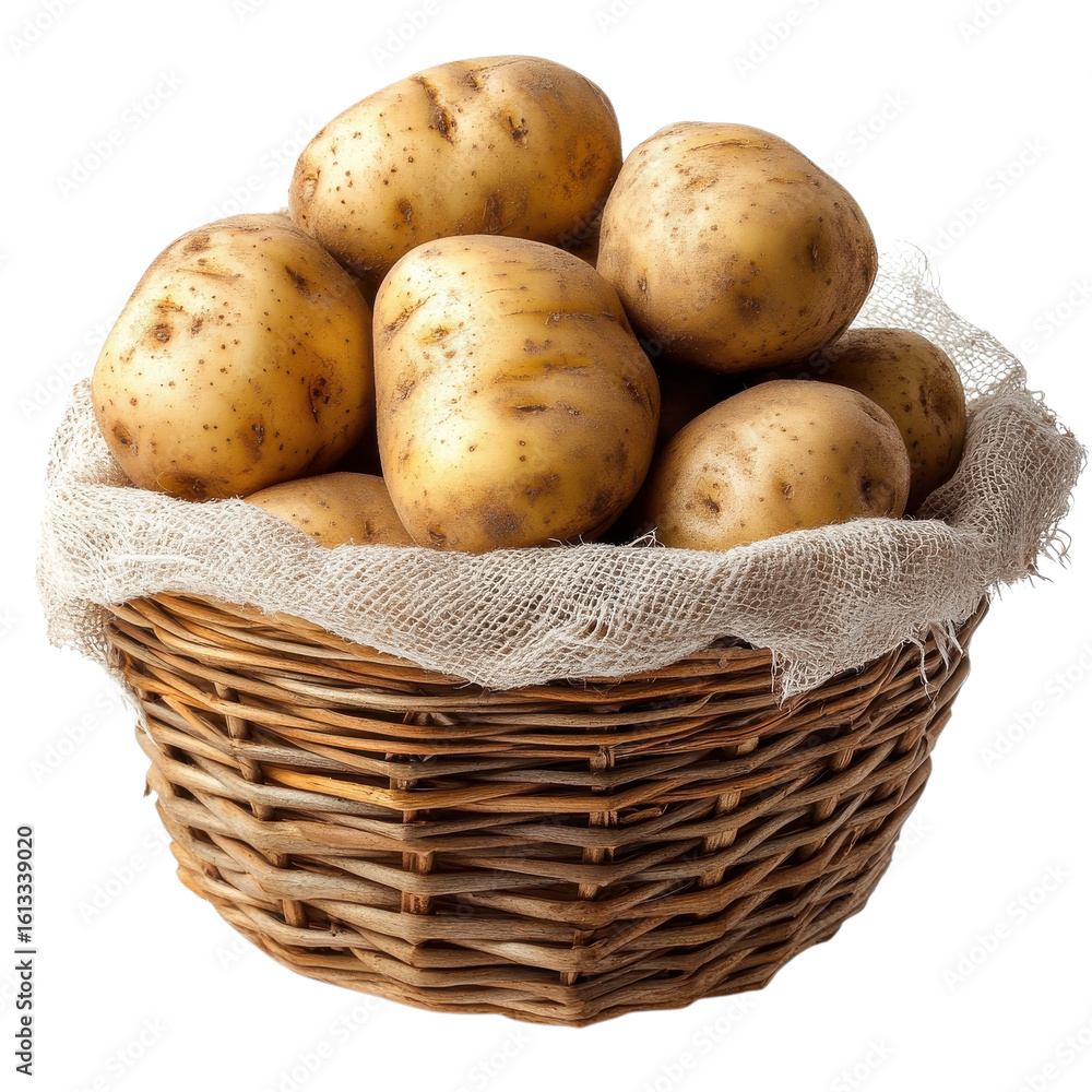 Fresh harvested potatoes in a natural woven basket on a light background with a rustic touch on transparent background Fresh harvested potatoes in a natural woven basket on a light background with a rustic touch on transparent background