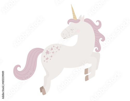 Vector illustration of cute Unicorn with pastel pink mane and golden horn for Baby shower greeting cards or newborn party invitations. Art of little fairytale Horse or pony for girl nursery poster.