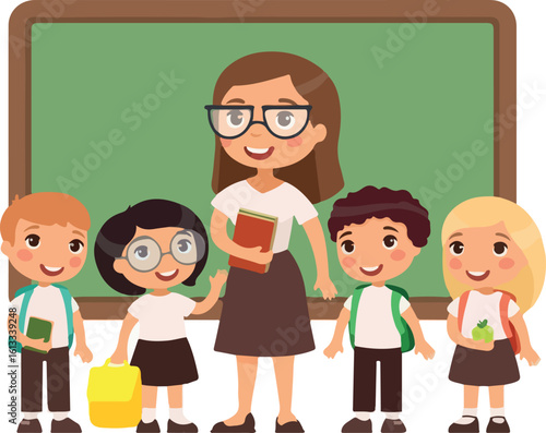 Teacher with pupils in classroom flat vector illustration. Boys and girls dressed in school uniform and female teacher standing near blackboard cartoon characters. Happy primary school students