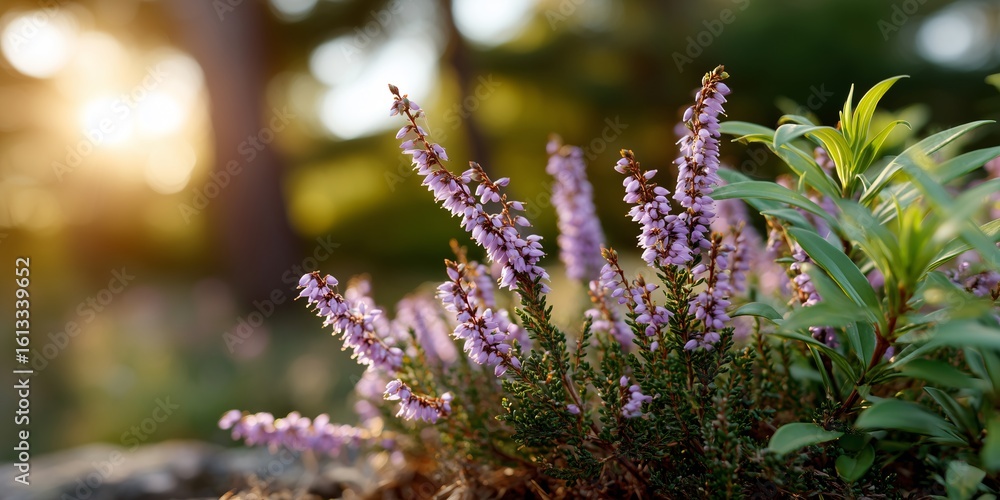 Obraz premium wild purple heather flowers in a natural meadow during golden hour sunset background