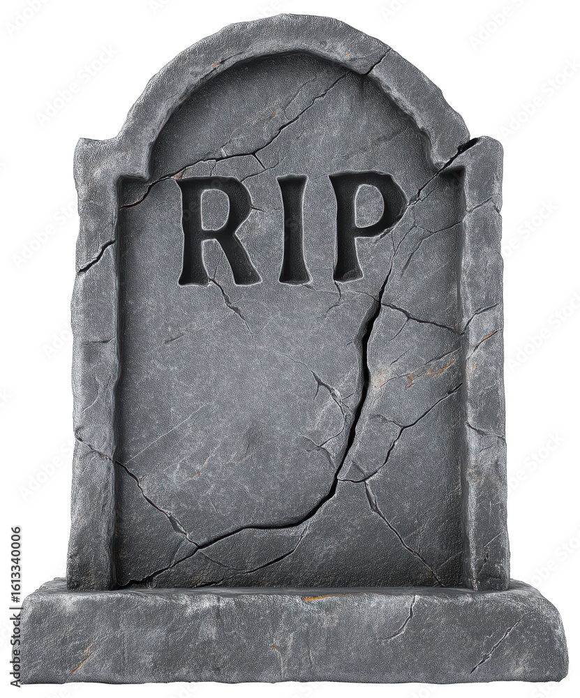 3D gravestone with RIP inscription designed for cemetery or Halloween decor isolated on transparent background.