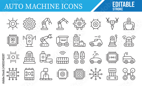A collection of editable stroke icons representing automation and machinery themes, including gears, robots, AI, processors, and vehicles, ideal for industrial, technology, and machine learning projec
