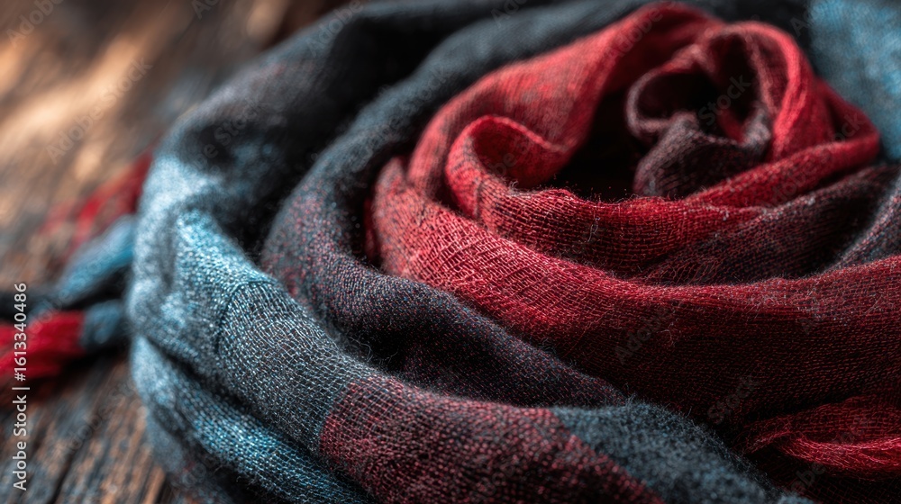 Fototapeta premium Vegan-friendly gift ideas. Soft, textured scarf in shades of red and black, elegantly draped on a wooden surface.