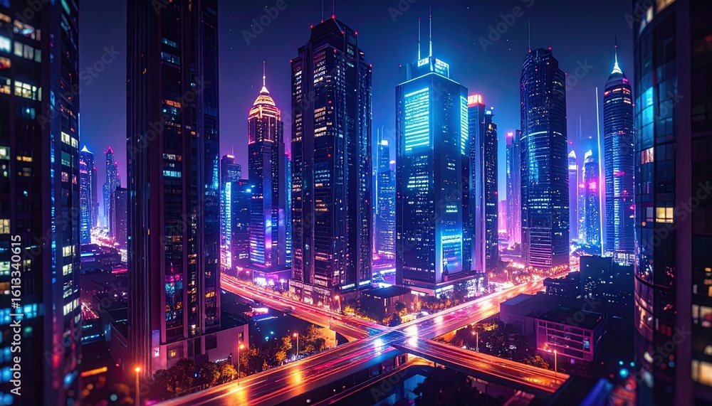 Nighttime city skyline with glowing windows and streetlights Nighttime city skyline with glowing windows and streetlights
