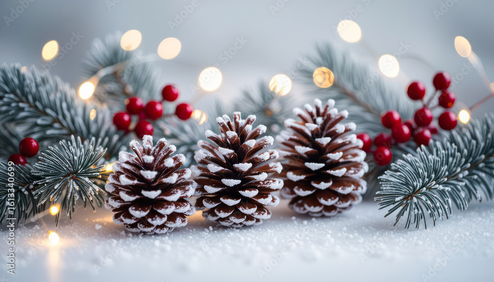 Holiday decorations featuring frosted pinecones and festive greenery Holiday decorations featuring frosted pinecones and festive greenery