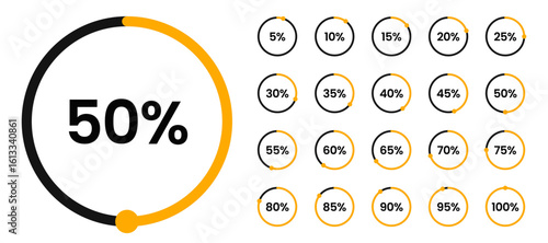 Set of round percentage diagrams with a scale from 5 to 100 percent. Pie chart of percentages for infographic and UI. Progress, download, and upload, percentage meter with scale from 5 to 100. Vector