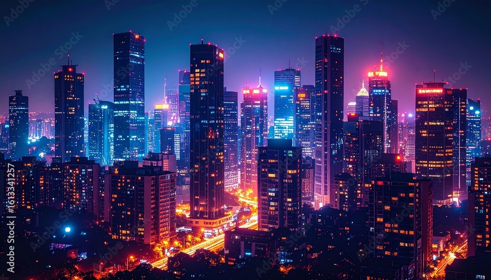 Fototapeta premium Nighttime city skyline with glowing windows and streetlights