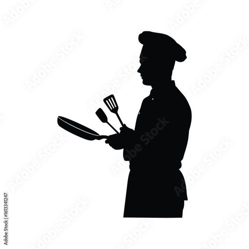 Silhouette of a Chef Holding a Frying Pan and Spatulas