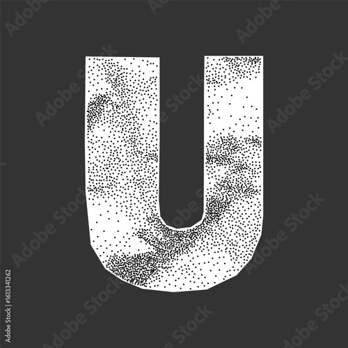 Letter U cut from wrinkled paper. Halftone grunge surface, collage ransom aesthetic with gritty dot texture.