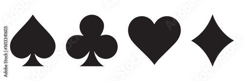 Poker card suits - hearts, clubs, spades and diamonds - on white background. Casino gambling theme vector illustration. Simple black silhouettes.