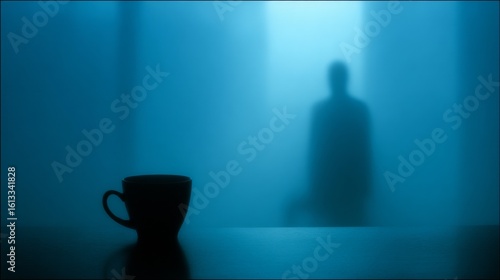 A minimalist and moody composition featuring a silhouette of a coffee mug on a reflective surface with a shadowy figure 