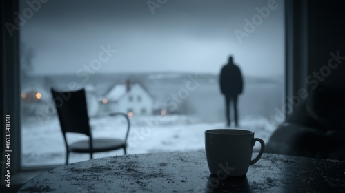 A tranquil winter scene viewed from inside, a silhouette figure stands outside in the cold,