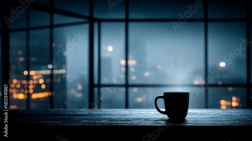 A black mug rests on a dark wooden table by a rainy window, showcasing a blurred cityscape with glowing lights,