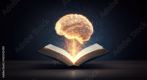 A glowing brain emerges from an open book, symbolizing knowledge and learning.