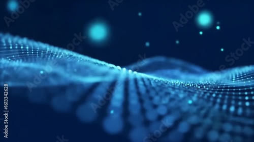 Futuristic animated digital wave in blue mesh, glowing points, seamless motion, calm energy, high fidelity, 8s