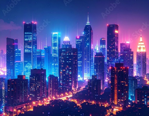 Nighttime city skyline with glowing windows and streetlights