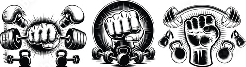 Fist and Weights Gym Emblem Trio, Powerlifting, Fitness, and Strength Logo Art.