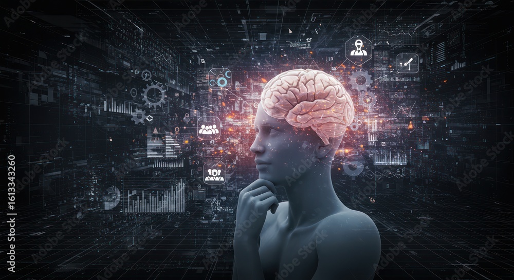 Obraz premium A digital brain contemplates complex data streams.