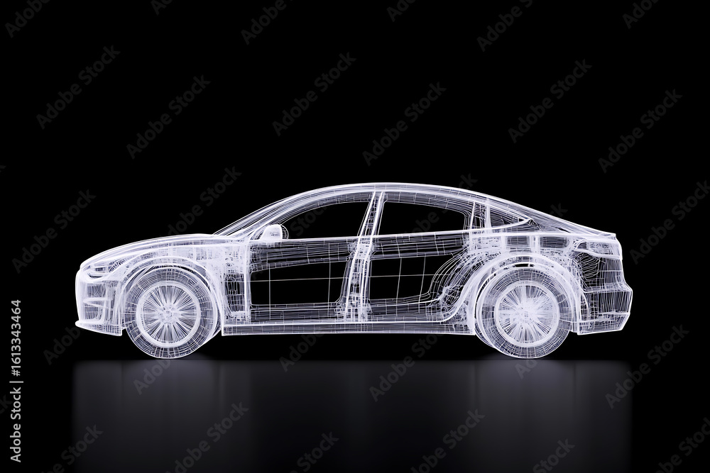 Naklejka premium Wireframe Car Model: A futuristic, transparent vehicle design rendered with intricate lines, showcasing its form against a dark background.