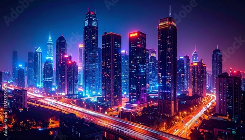 Wallpaper Mural Nighttime city skyline with glowing windows and streetlights Torontodigital.ca