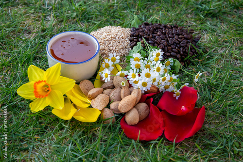 Spring Harvest Arrangement with Daffodil, Chamomile, Nuts, Coffee, and Tea