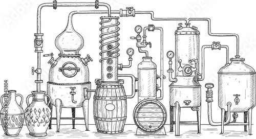 Vintage alcohol distillation equipment illustration, antique distillery machinery sketch, hand-drawn brewing setup, old-fashioned spirits production apparatus artwork