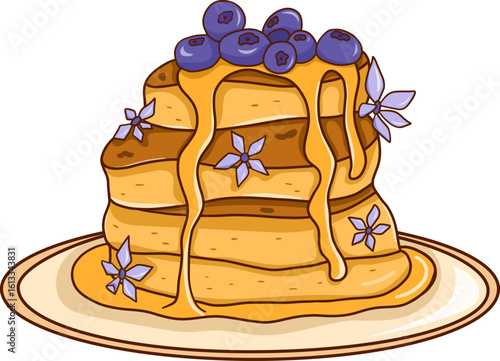Vector Pancakes with fresh blueberry. Cartoon style Pancakes with honey, berry and flowers on the plate. Illustration isolated on white background.