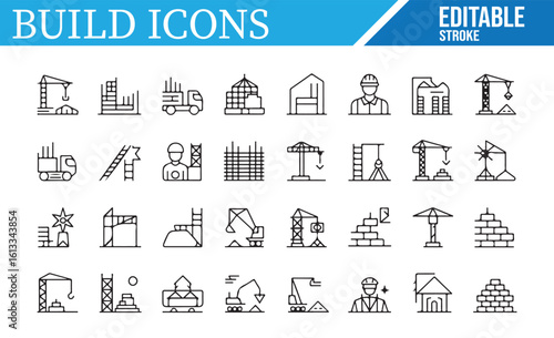 A collection of editable stroke icons representing construction and building themes, including cranes, workers, bricks, scaffolding, trucks, and building materials, ideal for construction, architectur