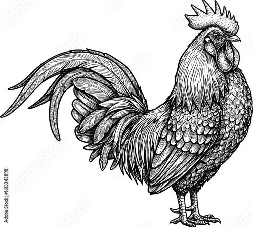 Detailed hand-drawn vintage rooster illustration, black and white farm animal art, engraving style poultry sketch, traditional rural barnyard design