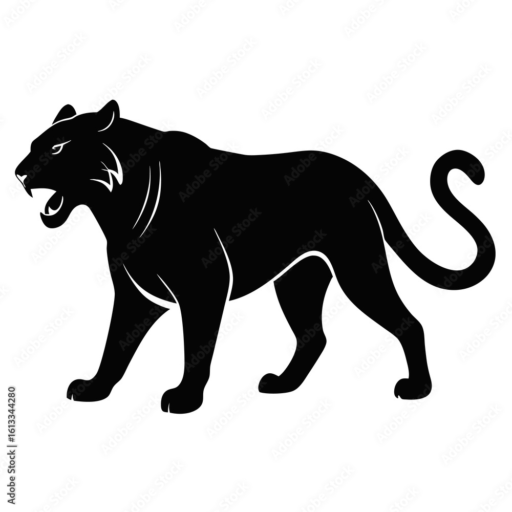 Obraz premium A fierce black panther silhouette with mouth open and sharp teeth bared in a powerful stance