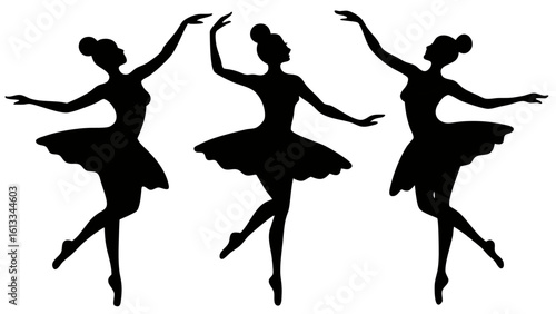 Three elegant black silhouette ballerinas in graceful poses with arms outstretched and legs extended on pointe