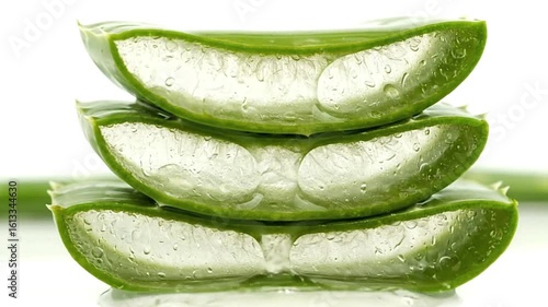 Wallpaper Mural Three vibrant green Aloe Vera slices stacked showing clear gel Water droplets enhance texture on a white surface Torontodigital.ca