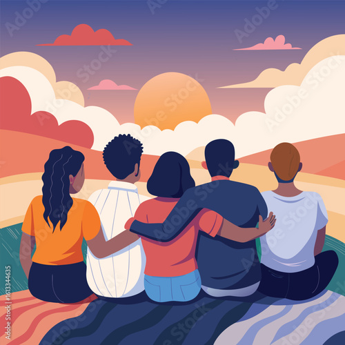 a group of people sitting on a blanket in front of a sunset.