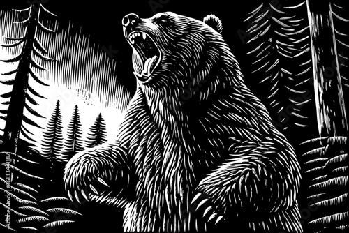 A giant grizzly bear standing tall on hind legs, roaring fiercely with wide mouth and sharp claws in a black and white line art illustration