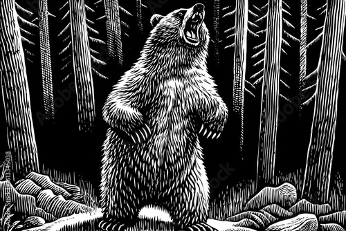 A giant grizzly bear standing tall on hind legs, roaring fiercely with wide mouth and sharp claws in a black and white line art illustration